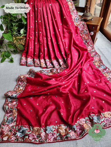 Zynah Made To Order Red Pure Tussar Silk Hand Embroidered (Pastel) Authentic Parsi Gara Saree; Custom Stitched/Ready-made Blouse, Fall, Petticoat; SKU: 2312202406