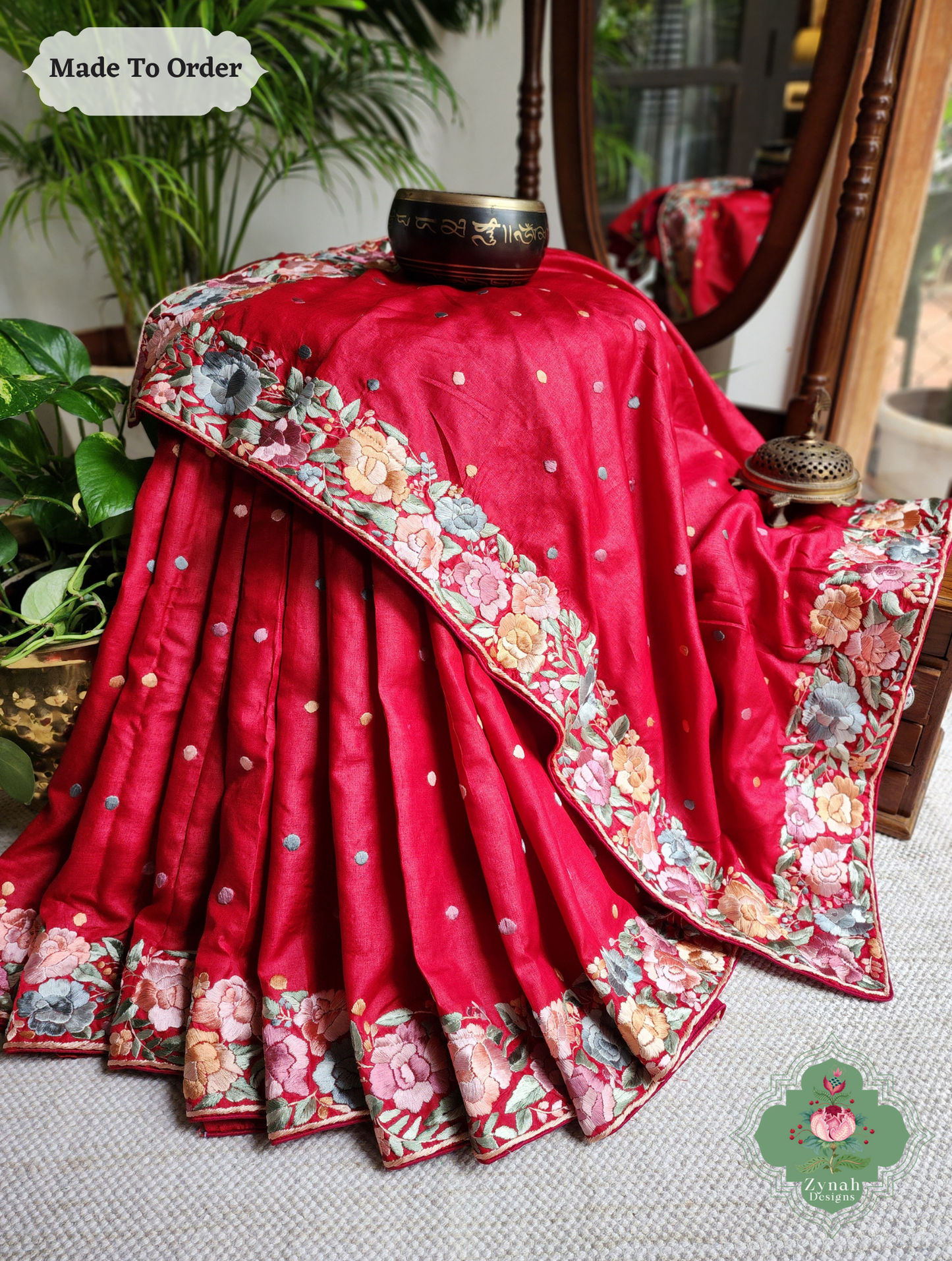 Zynah Made To Order Red Pure Tussar Silk Hand Embroidered (Pastel) Authentic Parsi Gara Saree; Custom Stitched/Ready-made Blouse, Fall, Petticoat; SKU: 2312202406