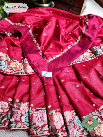 Zynah Made To Order Red Pure Tussar Silk Hand Embroidered (Pastel) Authentic Parsi Gara Saree; Custom Stitched/Ready-made Blouse, Fall, Petticoat; SKU: 2312202406