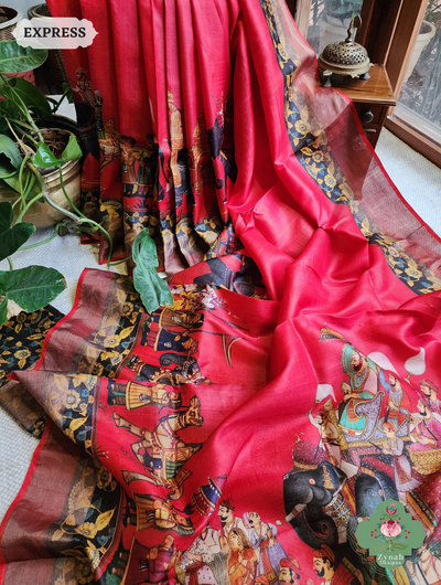 Red Tussar Silk Saree With Kalamkari Print 1