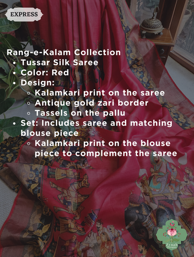 Red Tussar Silk Saree With Kalamkari Print 2