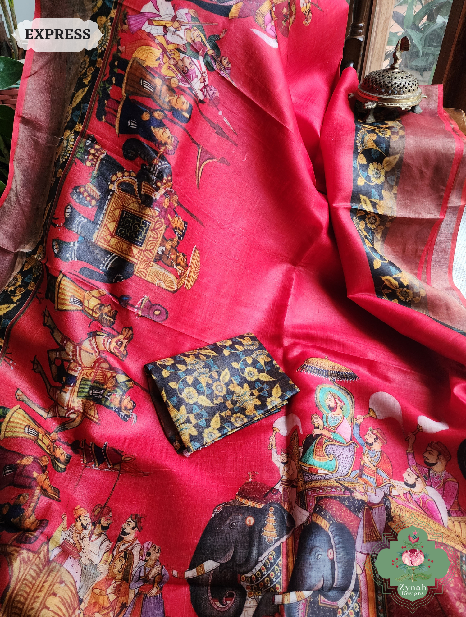 Red Tussar Silk Saree With Kalamkari Print 6
