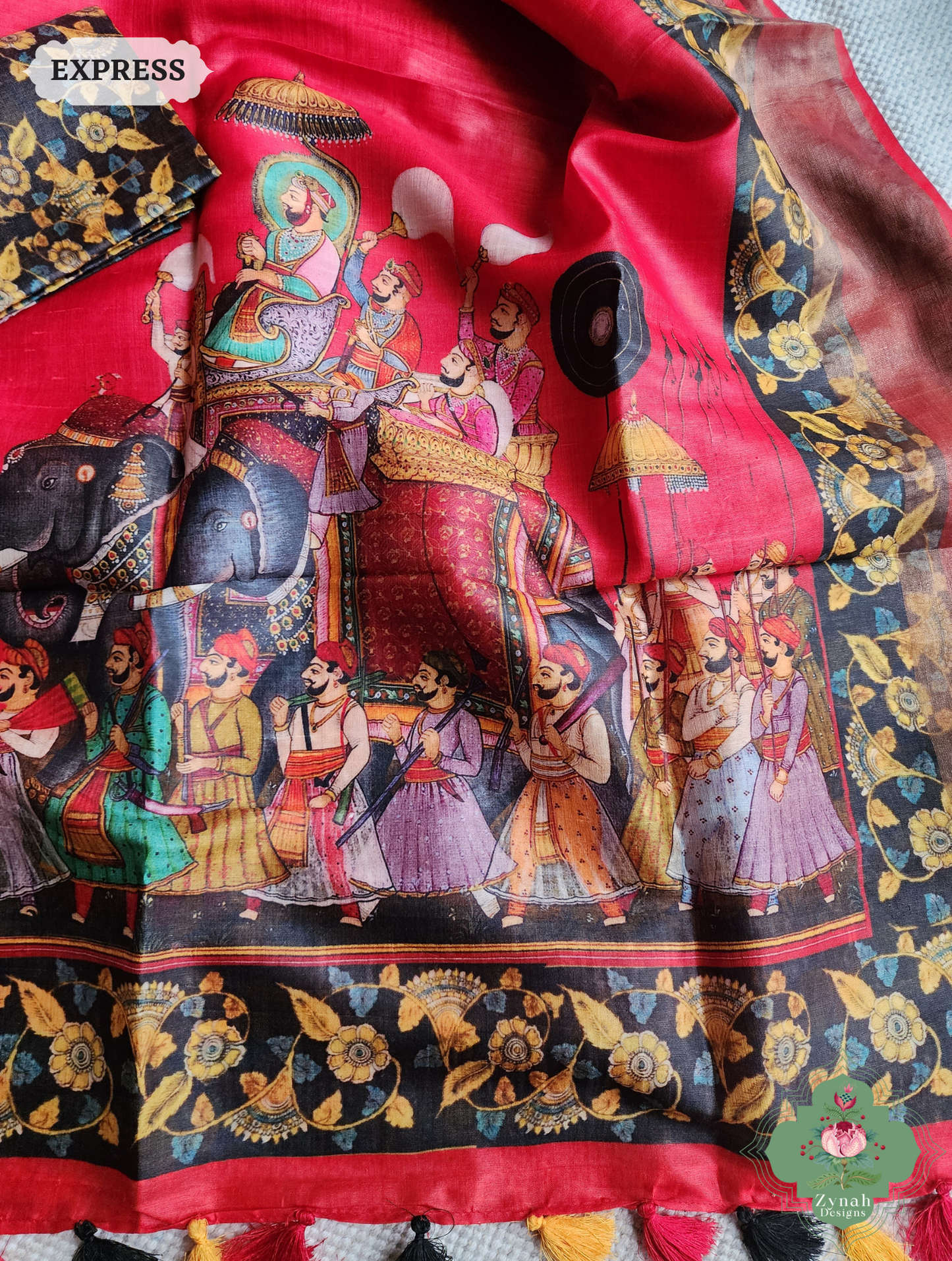 Red Tussar Silk Saree With Kalamkari Print 7