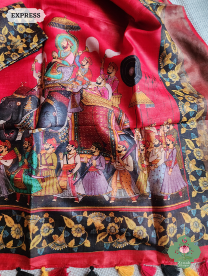 Red Tussar Silk Saree With Kalamkari Print 7