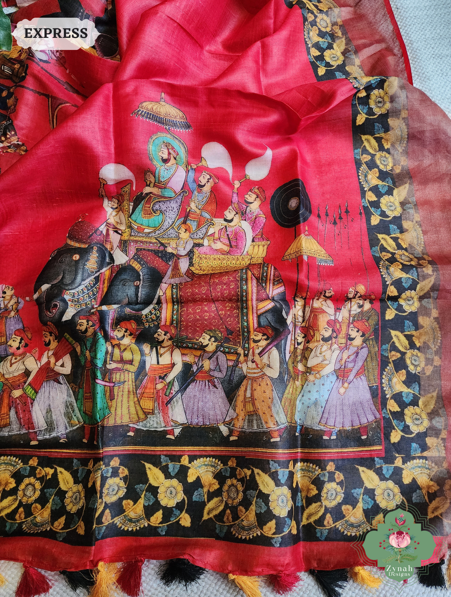 Red Tussar Silk Saree With Kalamkari Print 8