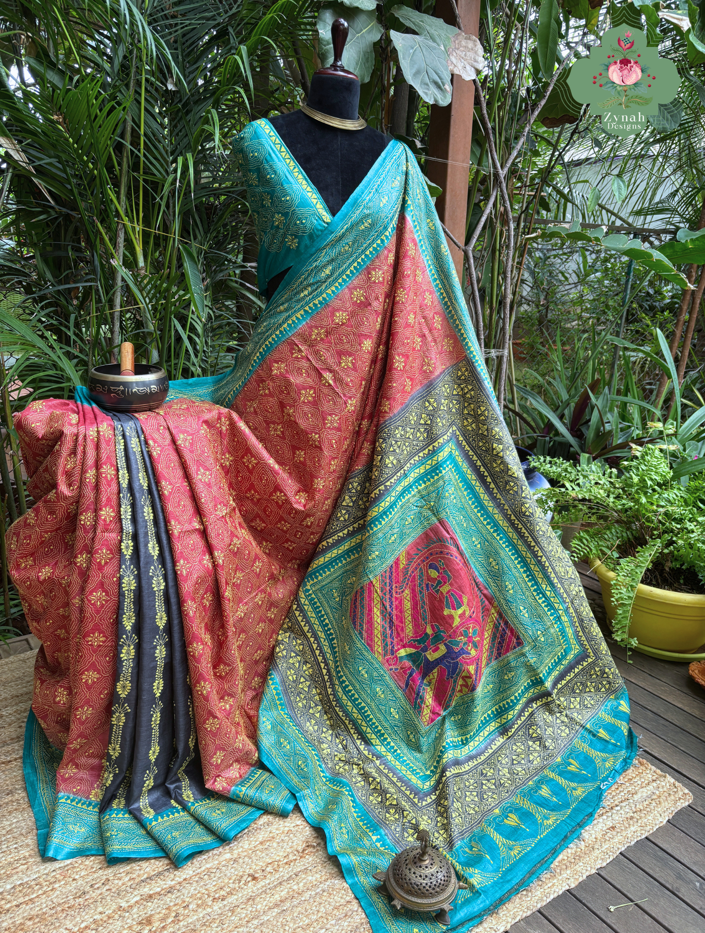 Sumana Red & Teal Pure Gachi Tussar Silk Saree With Kantha Hand Embroidery - SKU 0907202603