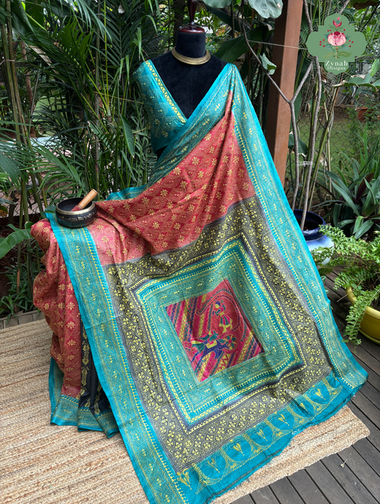 Sumana Red & Teal Pure Gachi Tussar Silk Saree With Kantha Hand Embroidery