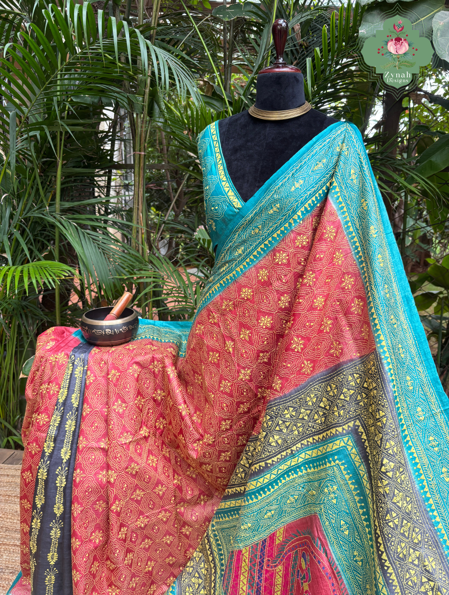 Sumana Red & Teal Pure Gachi Tussar Silk Saree With Kantha Hand Embroidery - SKU 0907202603
