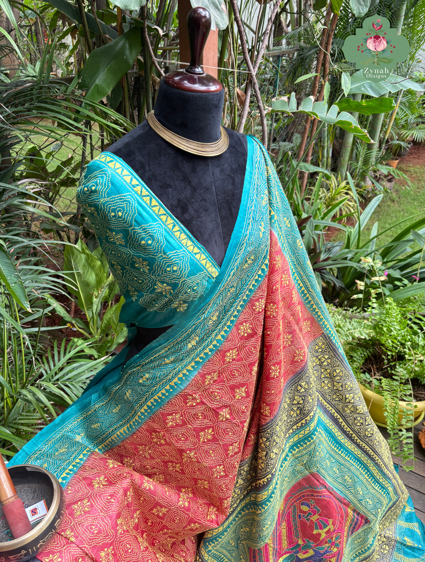 Sumana Red & Teal Pure Gachi Tussar Silk Saree With Kantha Hand Embroidery - SKU 0907202603