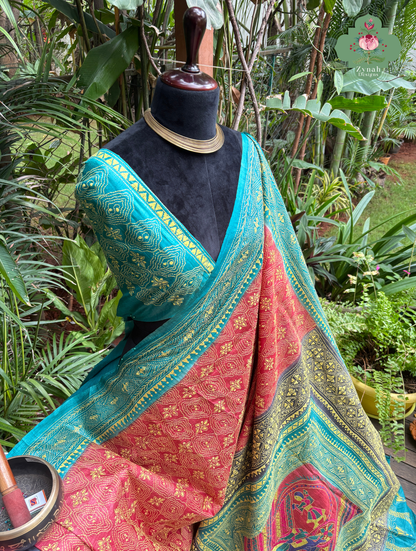 Sumana Red & Teal Pure Gachi Tussar Silk Saree With Kantha Hand Embroidery - SKU 0907202603