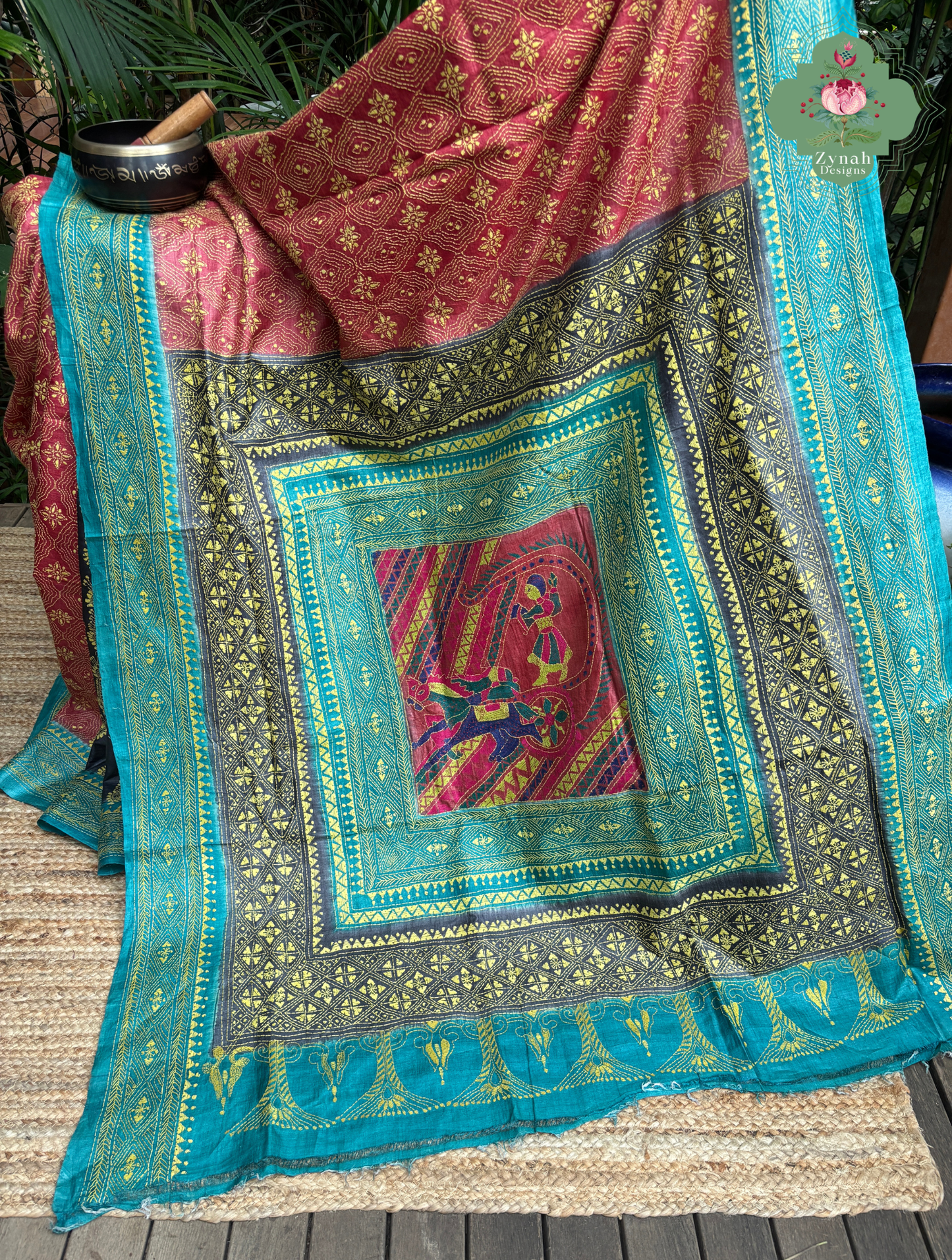 Sumana Red & Teal Pure Gachi Tussar Silk Saree With Kantha Hand Embroidery - SKU 0907202603