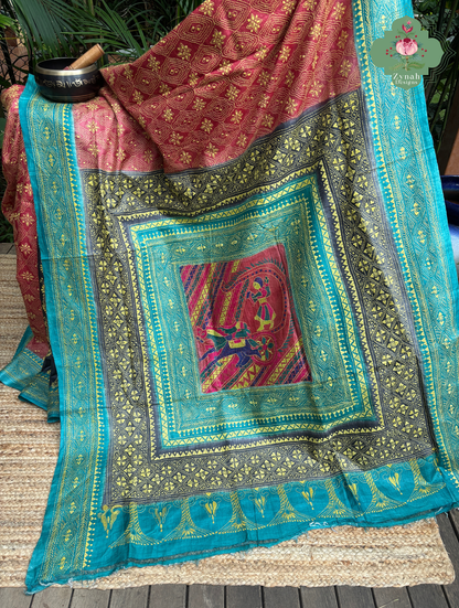 Sumana Red & Teal Pure Gachi Tussar Silk Saree With Kantha Hand Embroidery - SKU 0907202603