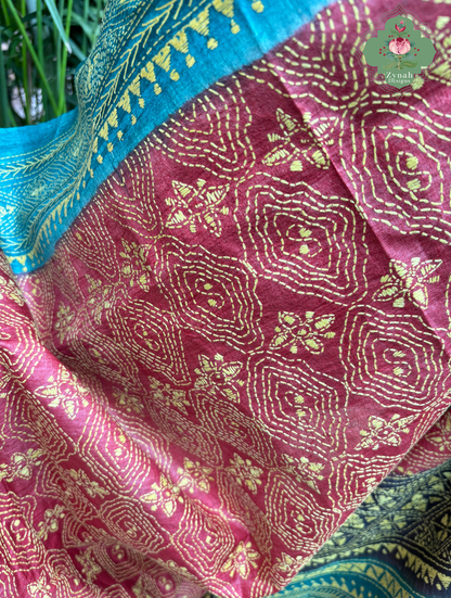 Sumana Red & Teal Pure Gachi Tussar Silk Saree With Kantha Hand Embroidery - SKU 0907202603