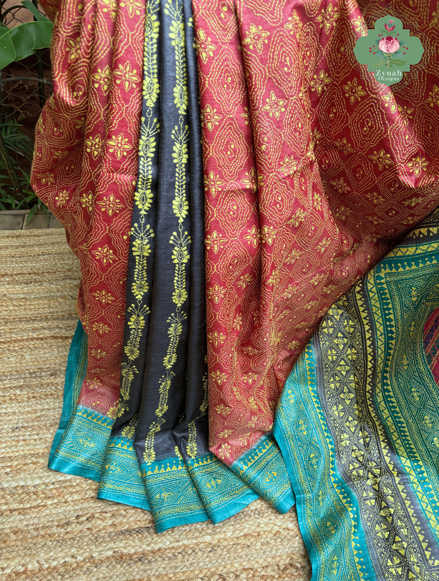Sumana Red & Teal Pure Gachi Tussar Silk Saree With Kantha Hand Embroidery - SKU 0907202603