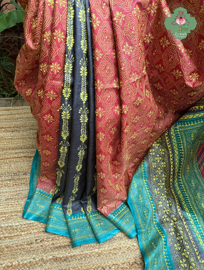 Sumana Red & Teal Pure Gachi Tussar Silk Saree With Kantha Hand Embroidery - SKU 0907202603