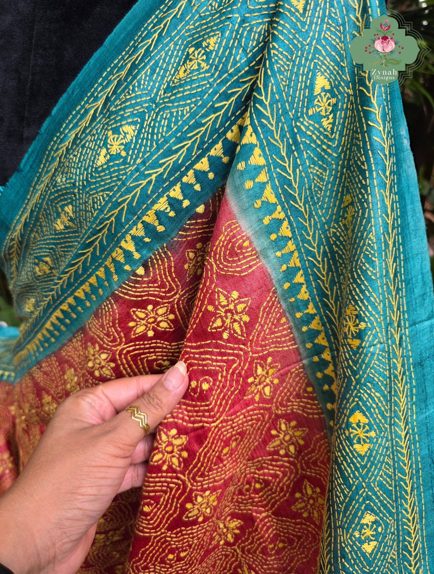 Sumana Red & Teal Pure Gachi Tussar Silk Saree With Kantha Hand Embroidery