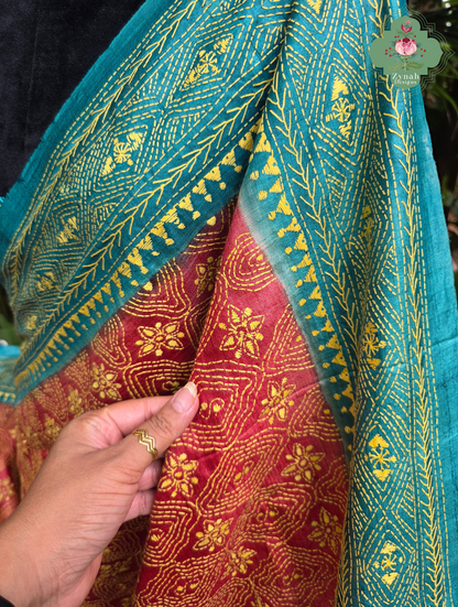 Sumana Red & Teal Pure Gachi Tussar Silk Saree With Kantha Hand Embroidery
