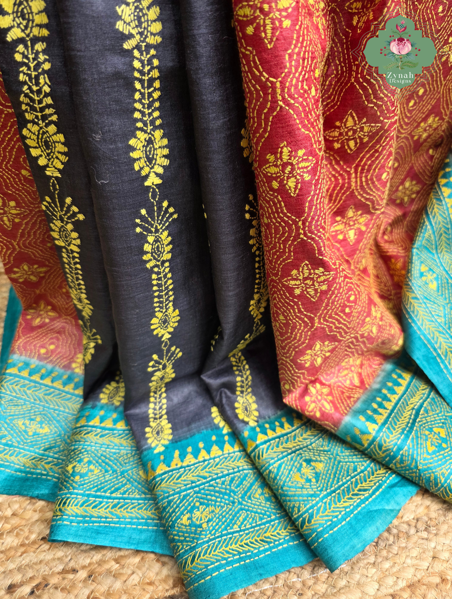 Sumana Red & Teal Pure Gachi Tussar Silk Saree With Kantha Hand Embroidery
