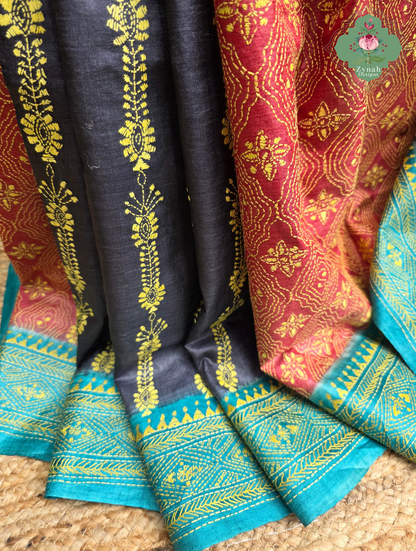 Sumana Red & Teal Pure Gachi Tussar Silk Saree With Kantha Hand Embroidery