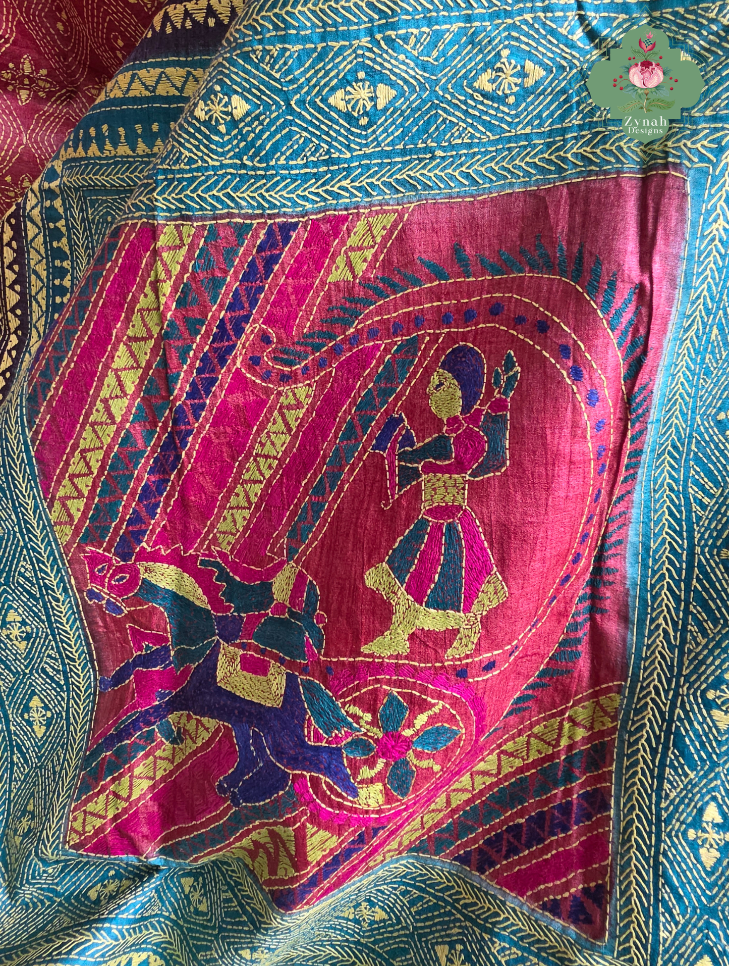 Sumana Red & Teal Pure Gachi Tussar Silk Saree With Kantha Hand Embroidery