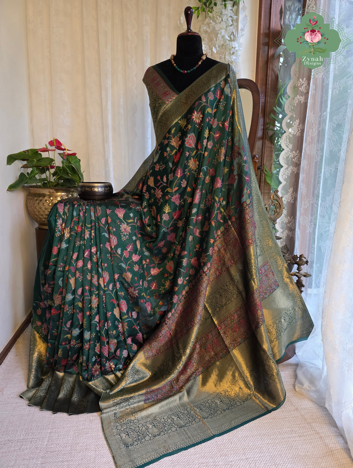 Reem | Green Kashmiri Pure Kani Silk Jamavar Weave Saree | Made To Order
