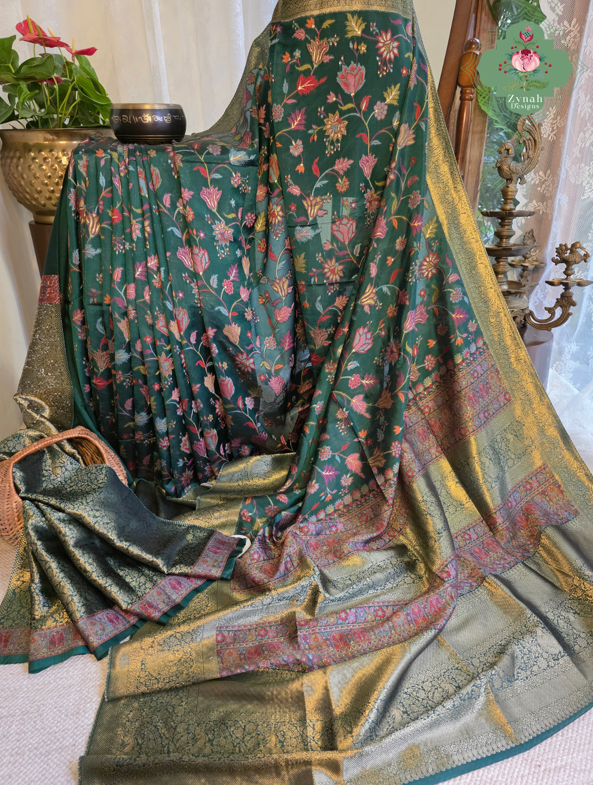 Reem | Green Kashmiri Pure Kani Silk Jamavar Weave Saree | Made To Order