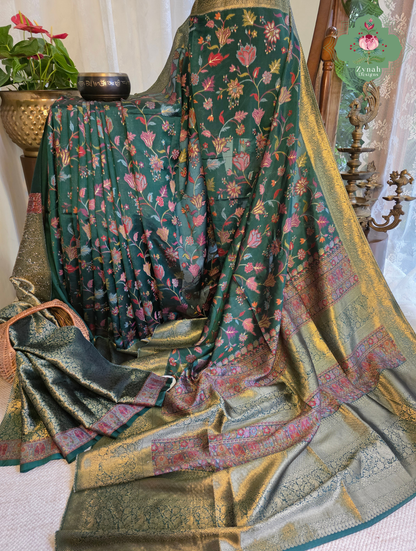 Reem | Green Kashmiri Pure Kani Silk Jamavar Weave Saree | Made To Order