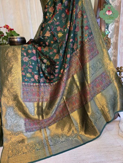 Reem | Green Kashmiri Pure Kani Silk Jamavar Weave Saree | Made To Order
