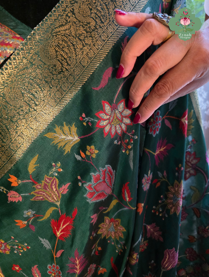 Reem | Green Kashmiri Pure Kani Silk Jamavar Weave Saree | Made To Order