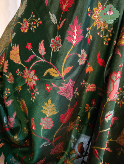 Reem | Green Kashmiri Pure Kani Silk Jamavar Weave Saree | Made To Order