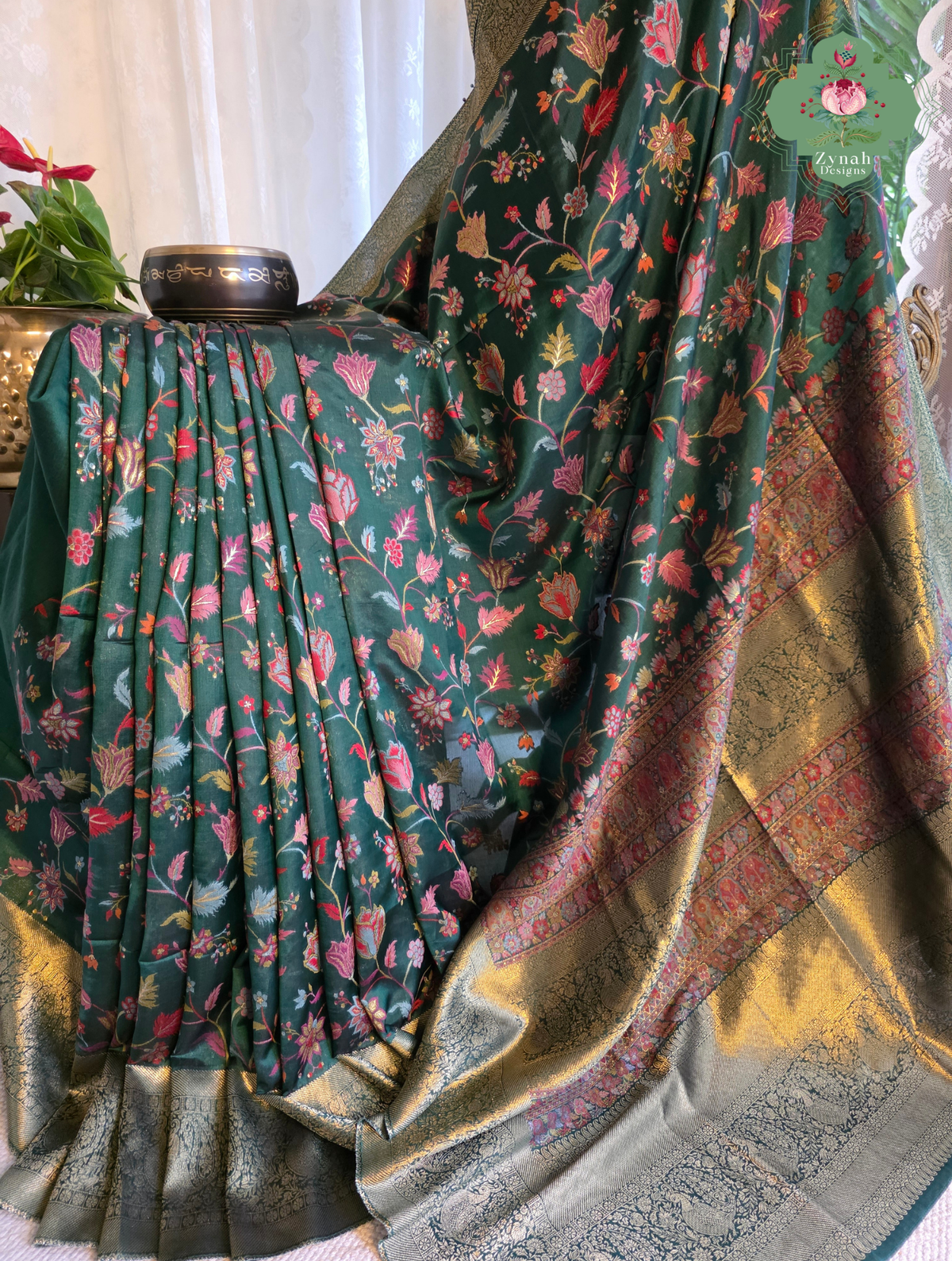 Reem | Green Kashmiri Pure Kani Silk Jamavar Weave Saree | Made To Order