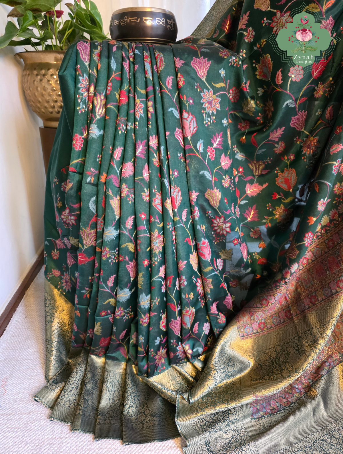 Reem | Green Kashmiri Pure Kani Silk Jamavar Weave Saree | Made To Order