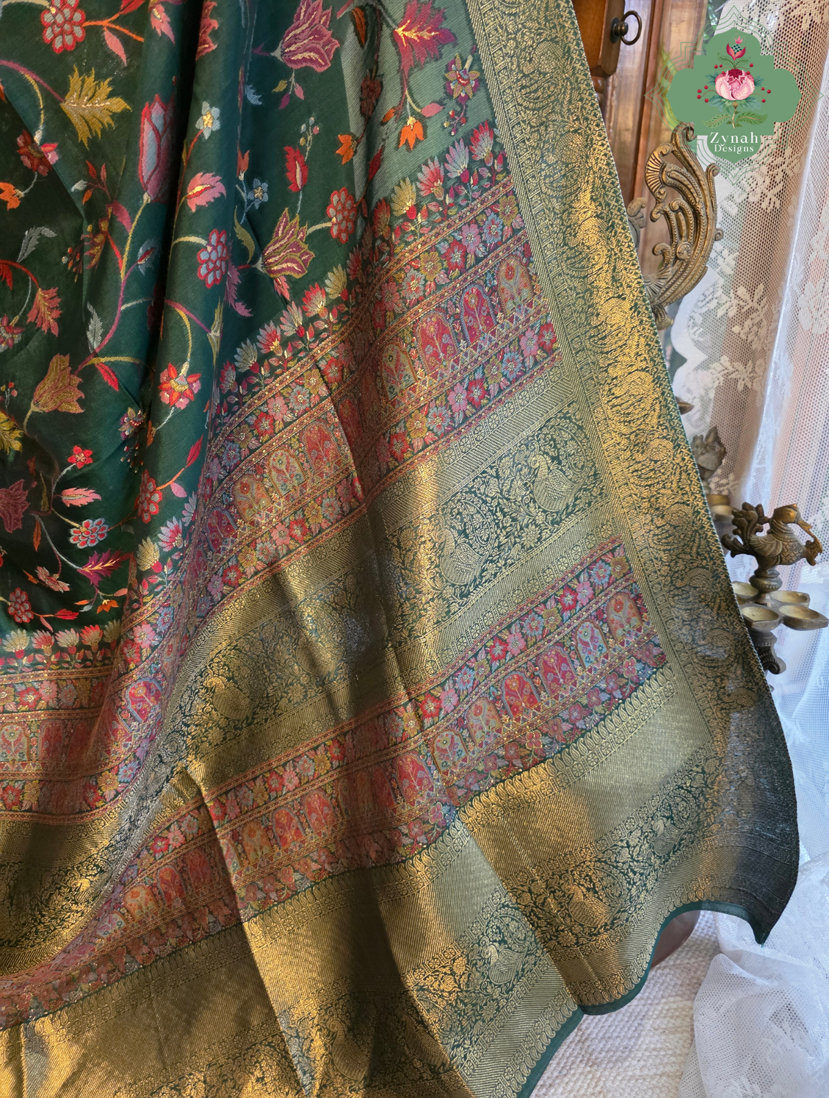 Reem | Green Kashmiri Pure Kani Silk Jamavar Weave Saree | Made To Order