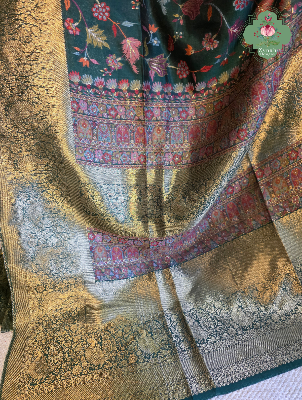Reem | Green Kashmiri Pure Kani Silk Jamavar Weave Saree | Made To Order