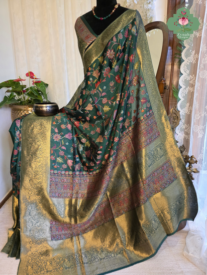 Reem | Green Kashmiri Pure Kani Silk Jamavar Weave Saree | Made To Order