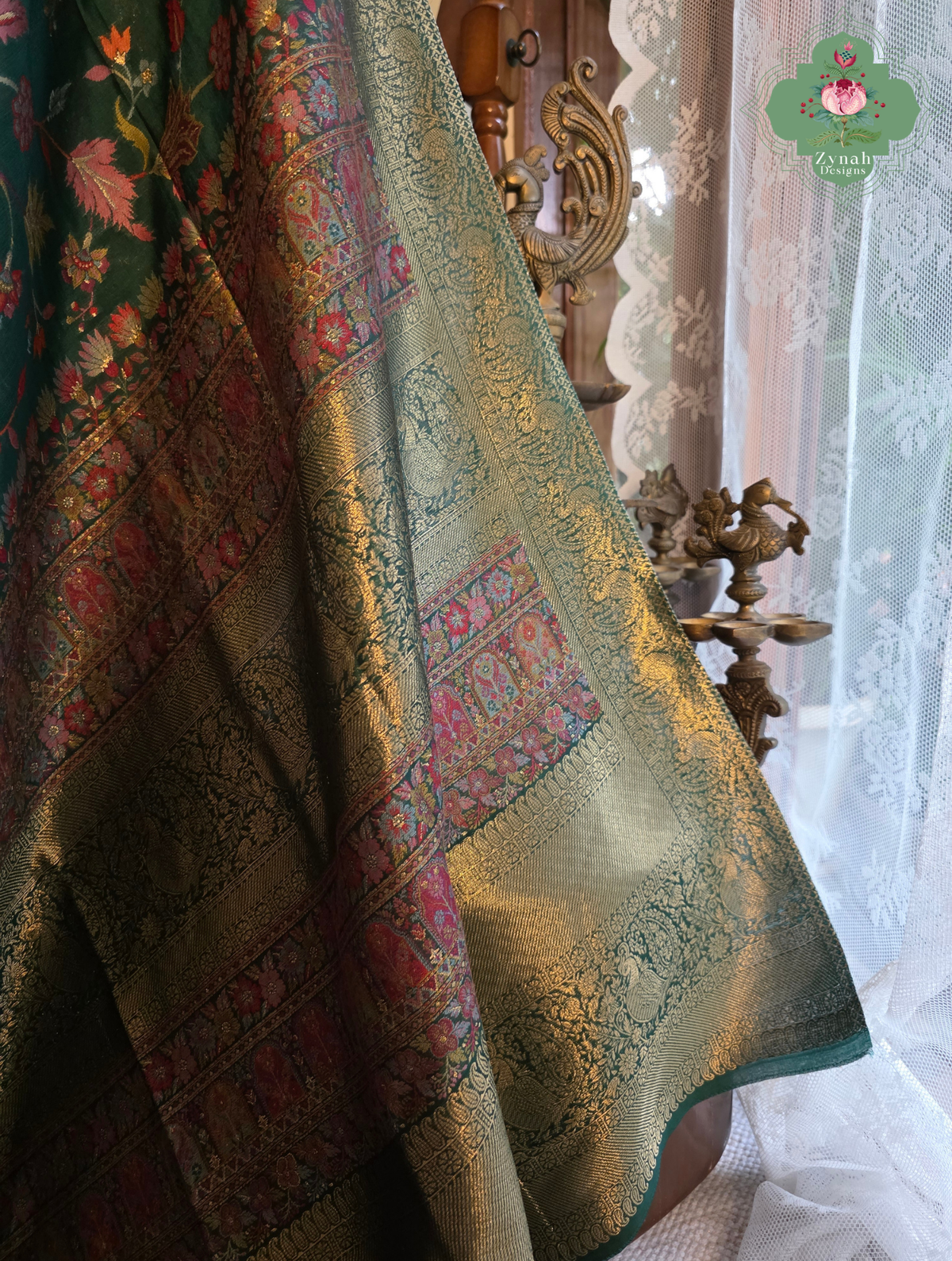 Reem | Green Kashmiri Pure Kani Silk Jamavar Weave Saree | Made To Order