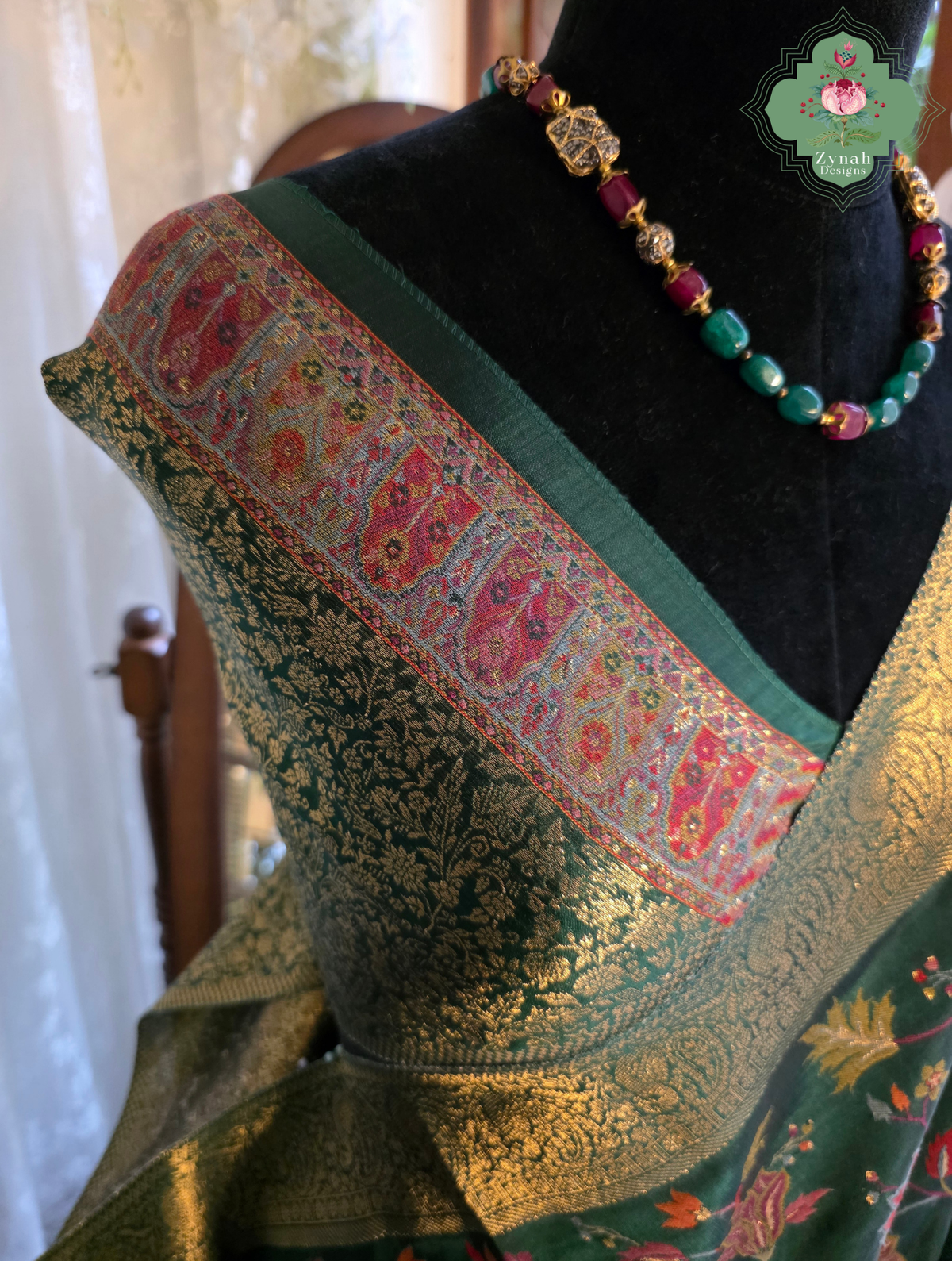 Reem | Green Kashmiri Pure Kani Silk Jamavar Weave Saree | Made To Order