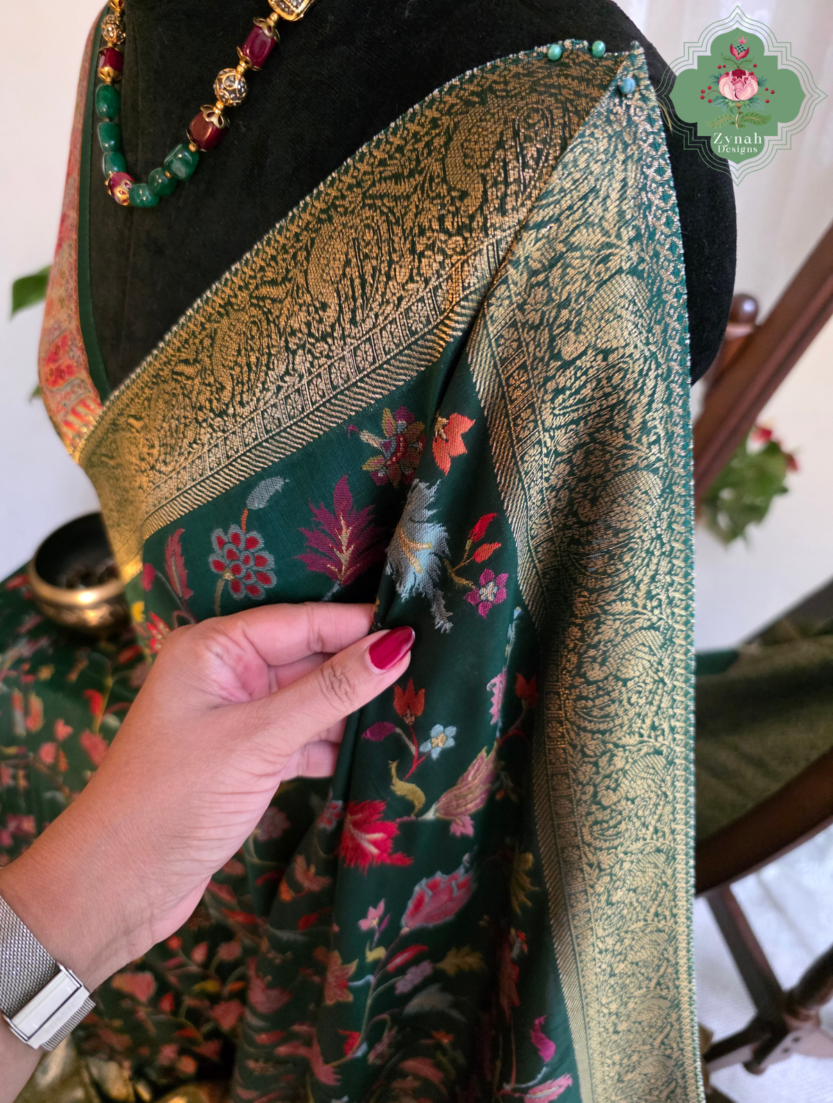 Reem | Green Kashmiri Pure Kani Silk Jamavar Weave Saree | Made To Order