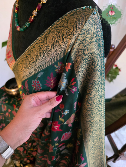 Reem | Green Kashmiri Pure Kani Silk Jamavar Weave Saree | Made To Order