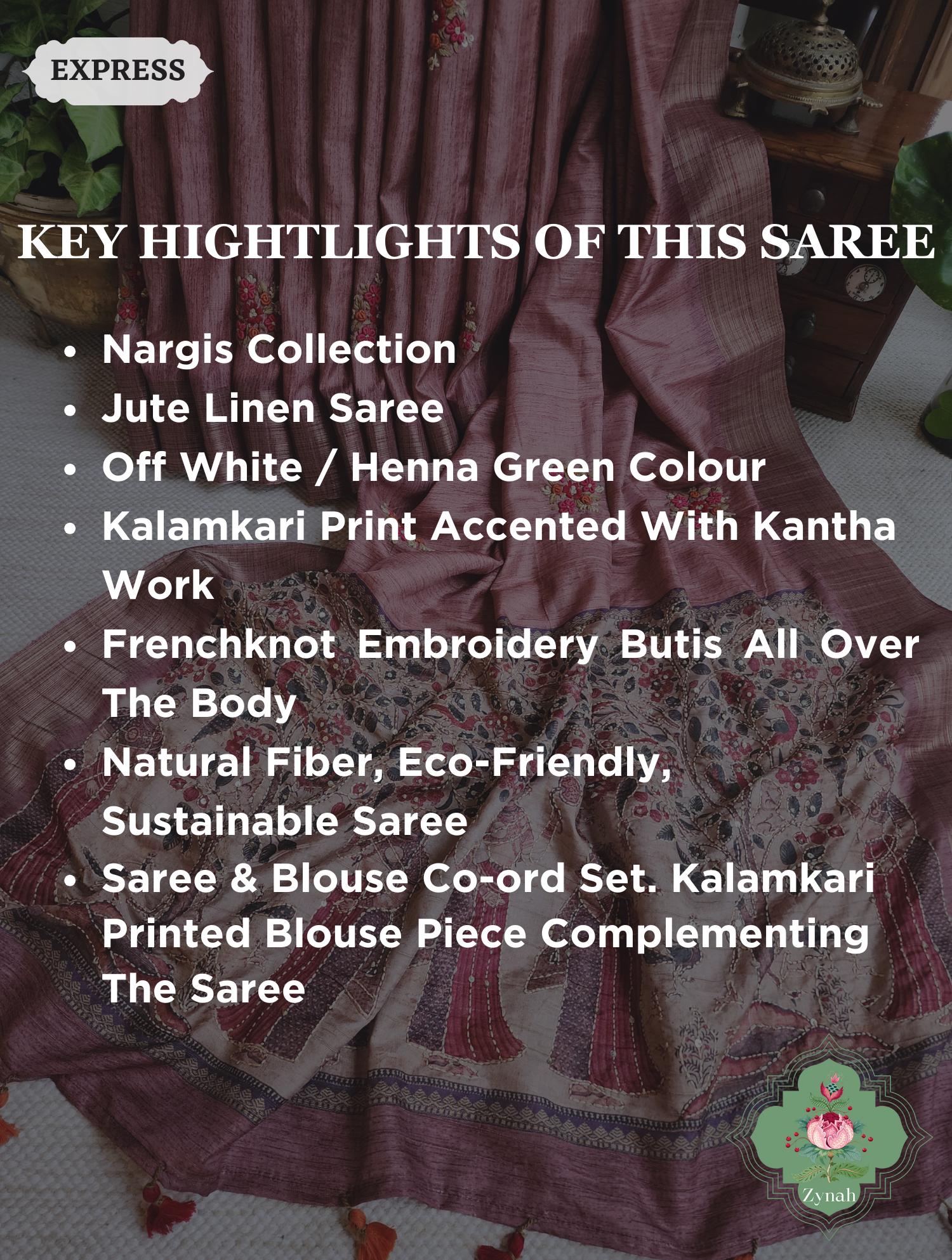 Rose Gold Jute Linen Saree, Kalamkari Pallu With Kantha Work, All Over Frenchknot Embroidery Butis