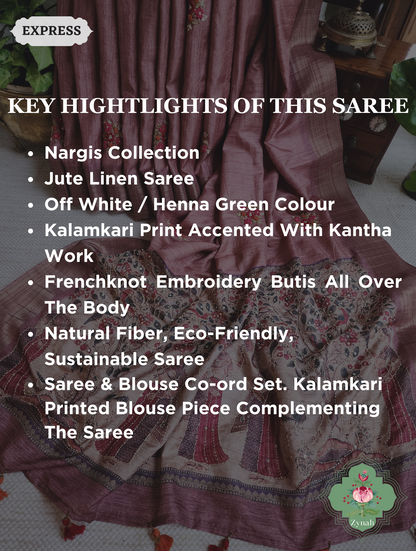 Rose Gold Jute Linen Saree, Kalamkari Pallu With Kantha Work, All Over Frenchknot Embroidery Butis