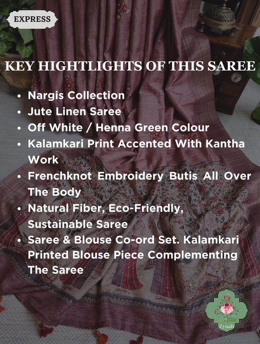 Rose Gold Jute Linen Saree, Kalamkari Pallu With Kantha Work, All Over Frenchknot Embroidery Butis
