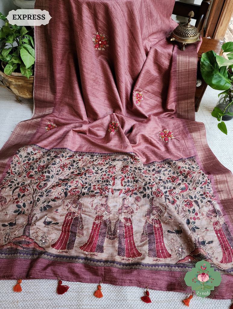 Rose Gold Jute Linen Saree, Kalamkari Pallu With Kantha Work, All Over Frenchknot Embroidery Butis