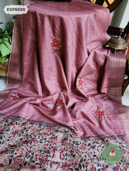 Rose Gold Jute Linen Saree, Kalamkari Pallu With Kantha Work, All Over Frenchknot Embroidery Butis