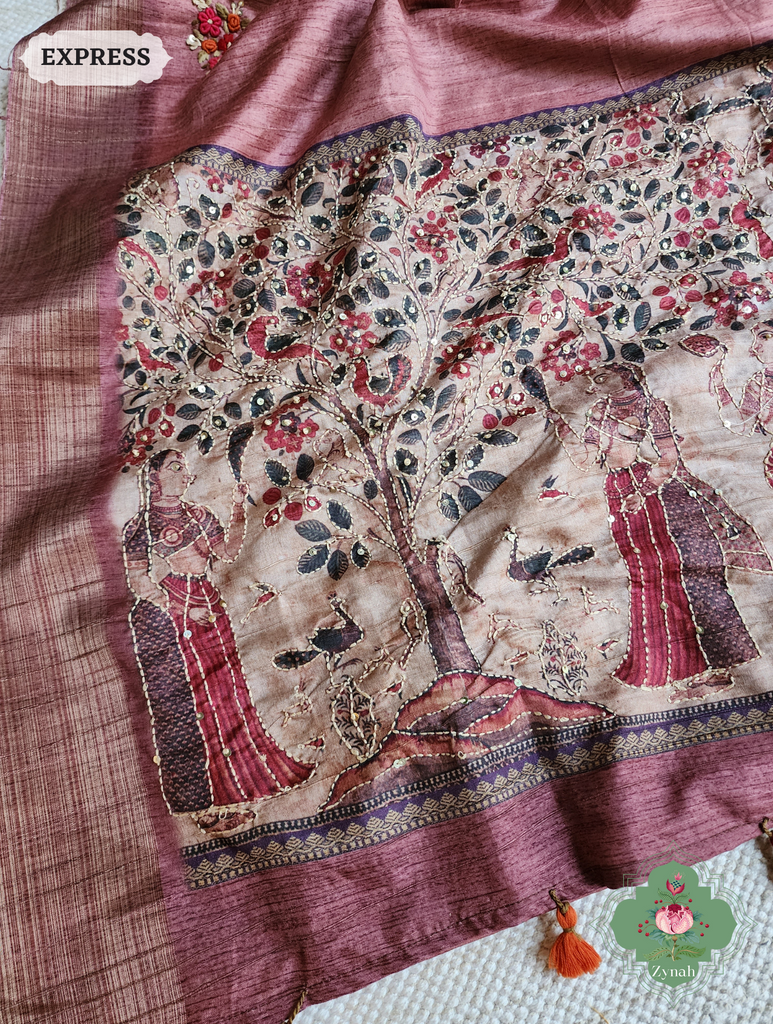 Rose Gold Jute Linen Saree, Kalamkari Pallu With Kantha Work, All Over Frenchknot Embroidery Butis