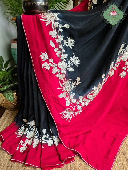 Roshana | Red & Black Pure Crepe Silk Hand Embroidered Parsi Gara Saree | Made To Order