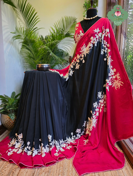 Roshana | Red & Black Pure Crepe Silk Hand Embroidered Parsi Gara Saree