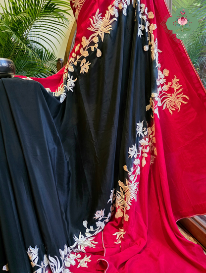 Roshana | Red & Black Pure Crepe Silk Hand Embroidered Parsi Gara Saree | Made To Order