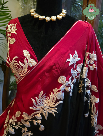 Roshana | Red & Black Pure Crepe Silk Hand Embroidered Parsi Gara Saree | Made To Order