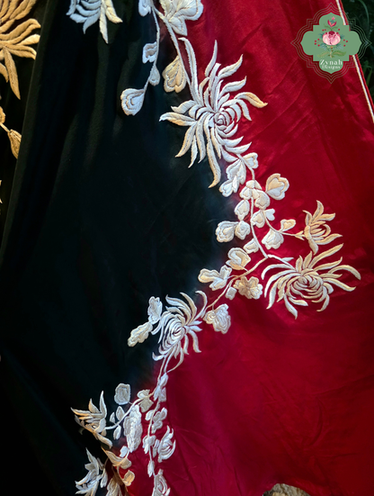 Roshana | Red & Black Pure Crepe Silk Hand Embroidered Parsi Gara Saree | Made To Order